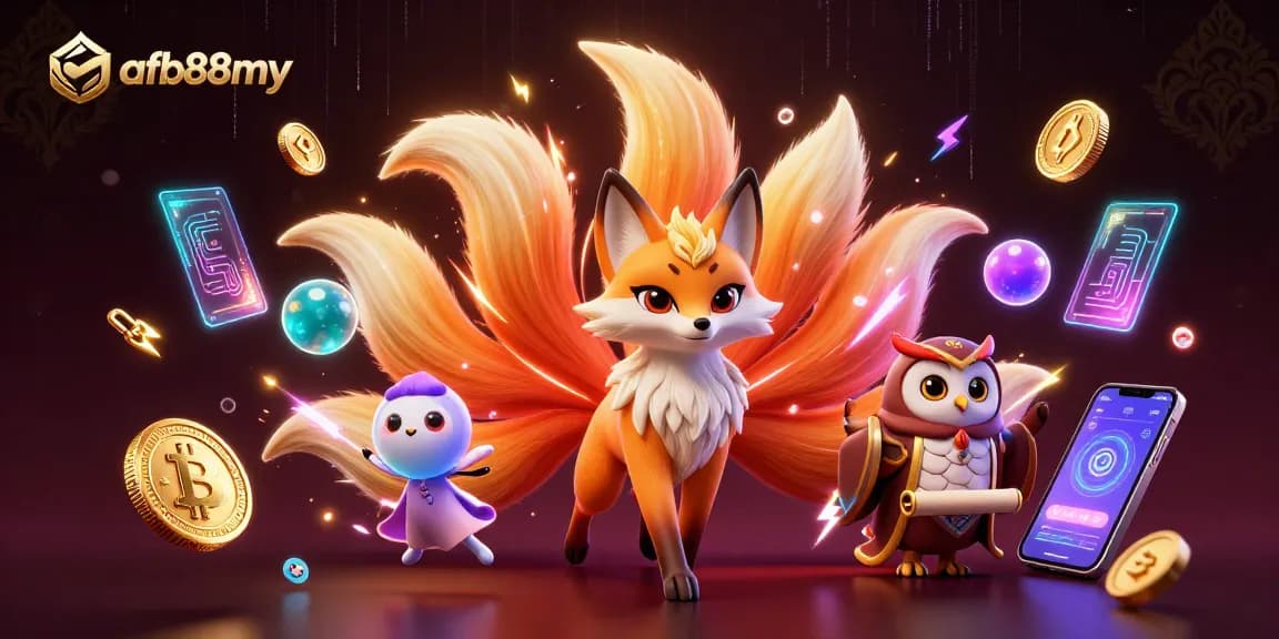 Engage with afb88my's colorful 3D casino scene featuring a nine-tailed fox and owl with crypto elements.