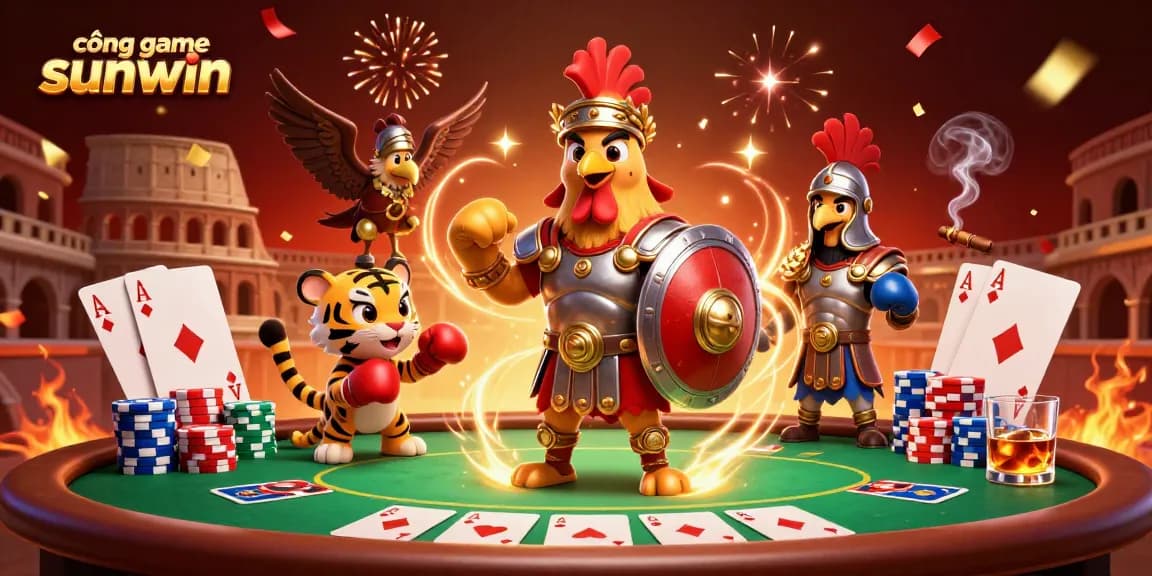 Experience thrilling action at cổng game sunwin with a gladiator rooster and friends in a vibrant casino scene.
