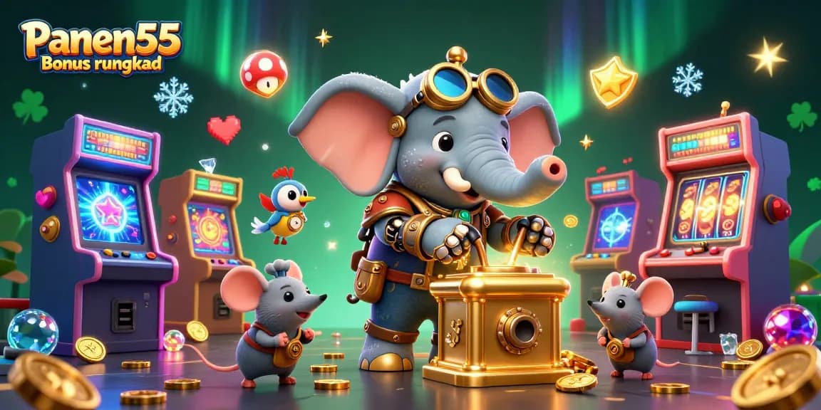 Experience the Panen55 Bonus rungkad with a steampunk-themed slot machine surrounded by vibrant gaming elements.