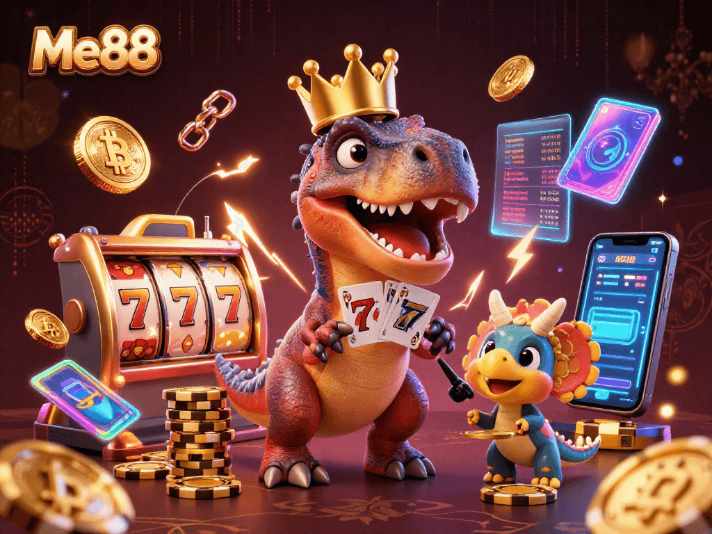Engage with Me88 while a T-Rex shuffles cards and a pterodactyl assists in a vibrant casino scene.
