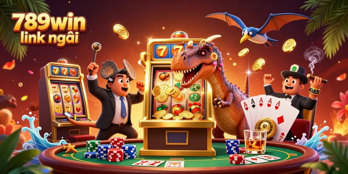 Engaging scene of 789win link mới showcasing a dinosaur winning jackpot coins, capturing thrilling casino action.