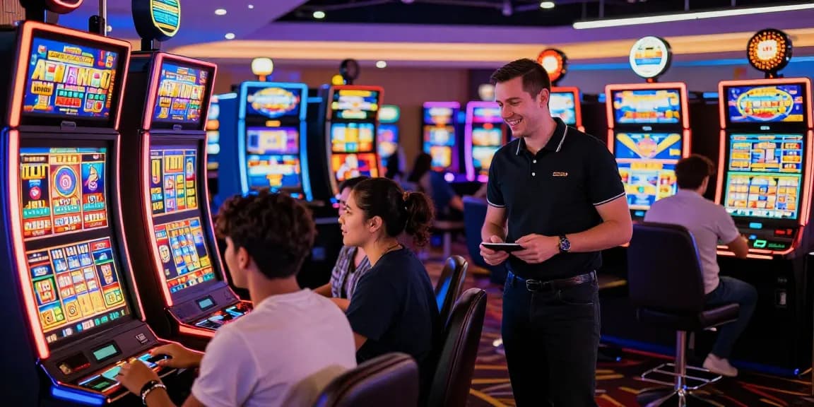 Para pemain bermain di situs slot dengan mesin slot berwarna-warni yang memancarkan cahaya cerah.