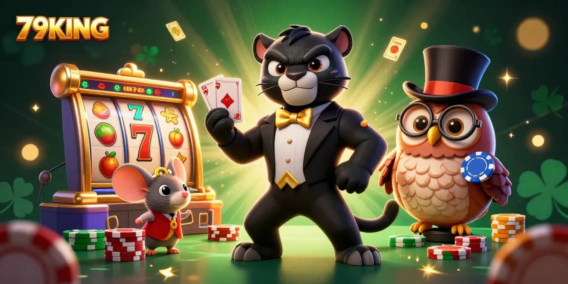 Experience thrilling slots at 79KING, as a cartoon panther elegantly deals cards amidst vibrant casino elements.