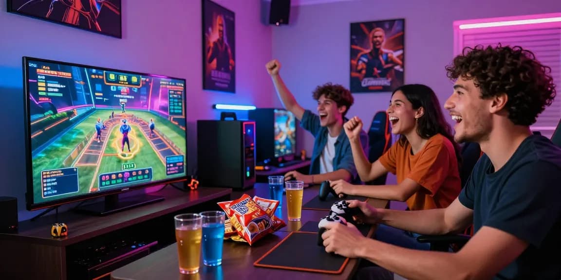 Exciting online gaming scene with friends enjoying a competitive atmosphere at https://78winnh.net/ surrounded by vibrant decor and snacks.