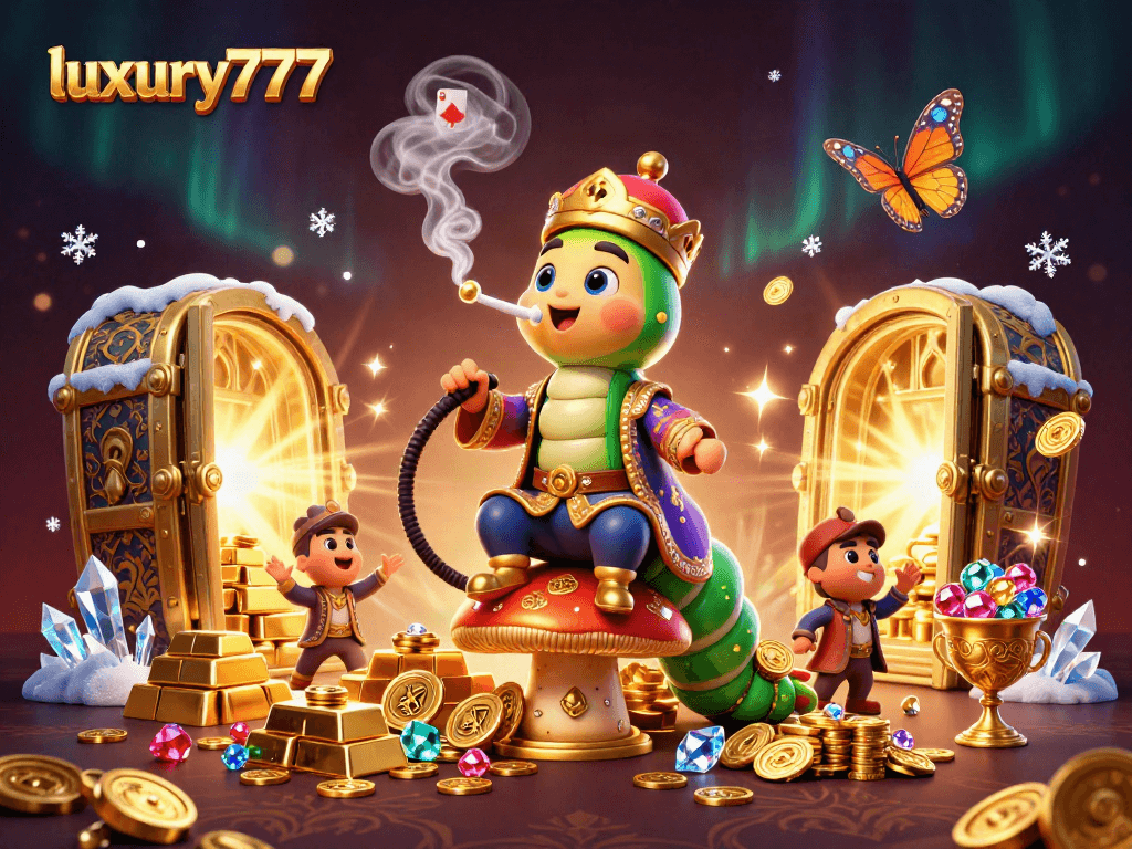 Menangkan permainan kasino dengan luxury777 dalam ilustrasi ceria 3D yang penuh kesenangan dan harta karun.