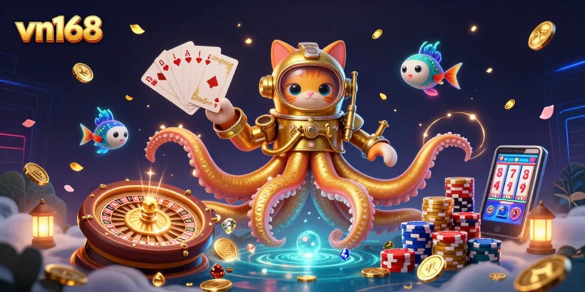 Win big with vn168 as the kraken rises amidst golden coins and vibrant casino elements.