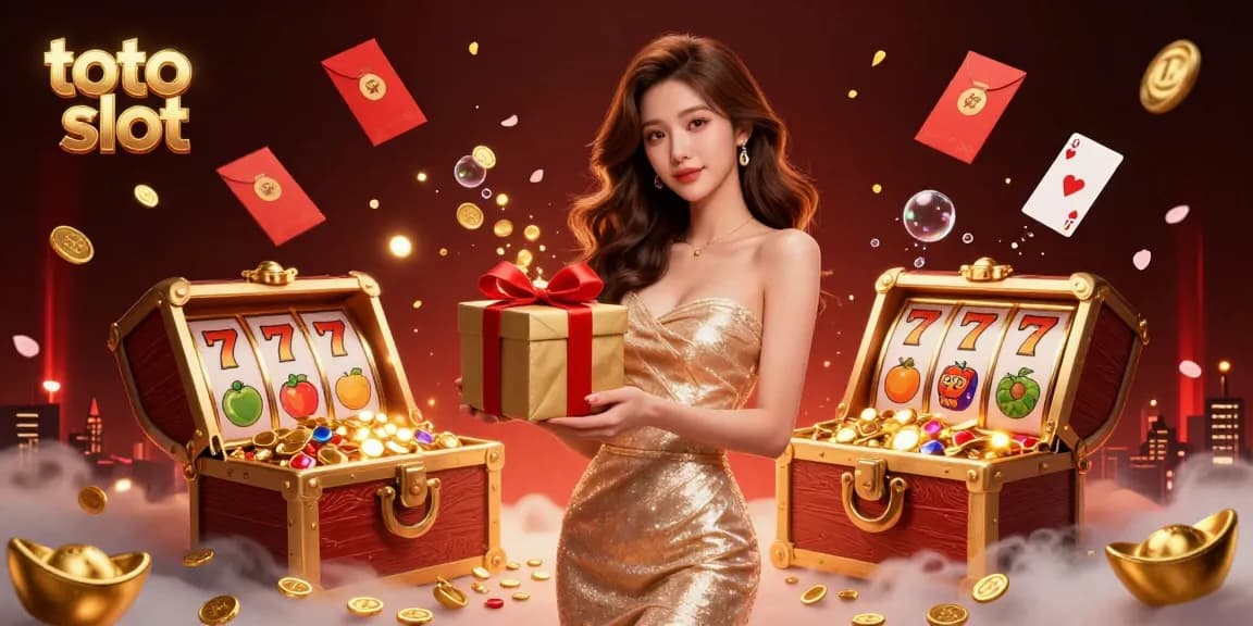 Play toto slot in a vibrant casino scene featuring gold coins and festive elements.