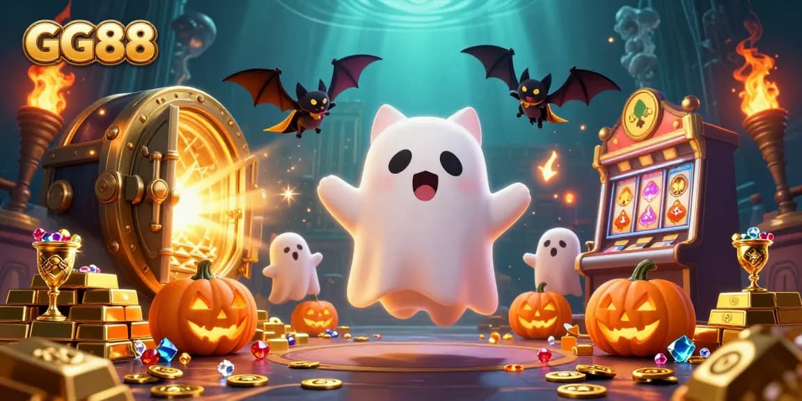 Experience the thrilling ambiance of GG88's haunted casino with ghostly characters and glowing treasures.