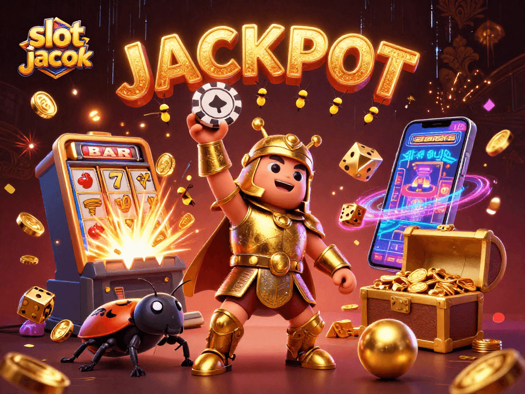 Experience the excitement of slot jackpot with a victorious beetle and vibrant casino elements.