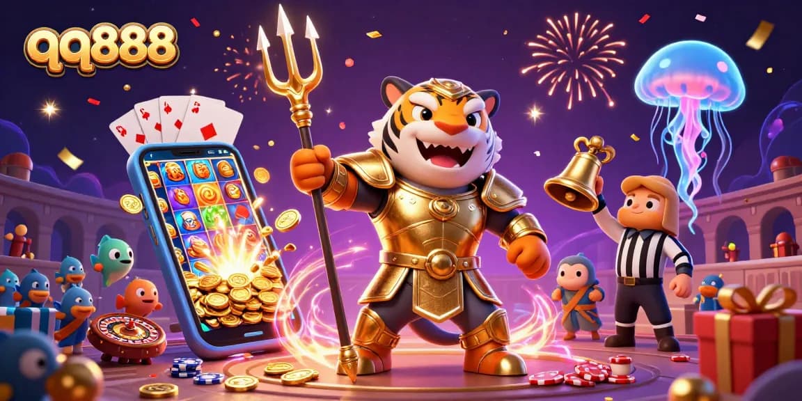 Experience the excitement of qq888 with a golden shark and slot games in a vibrant underwater colosseum.