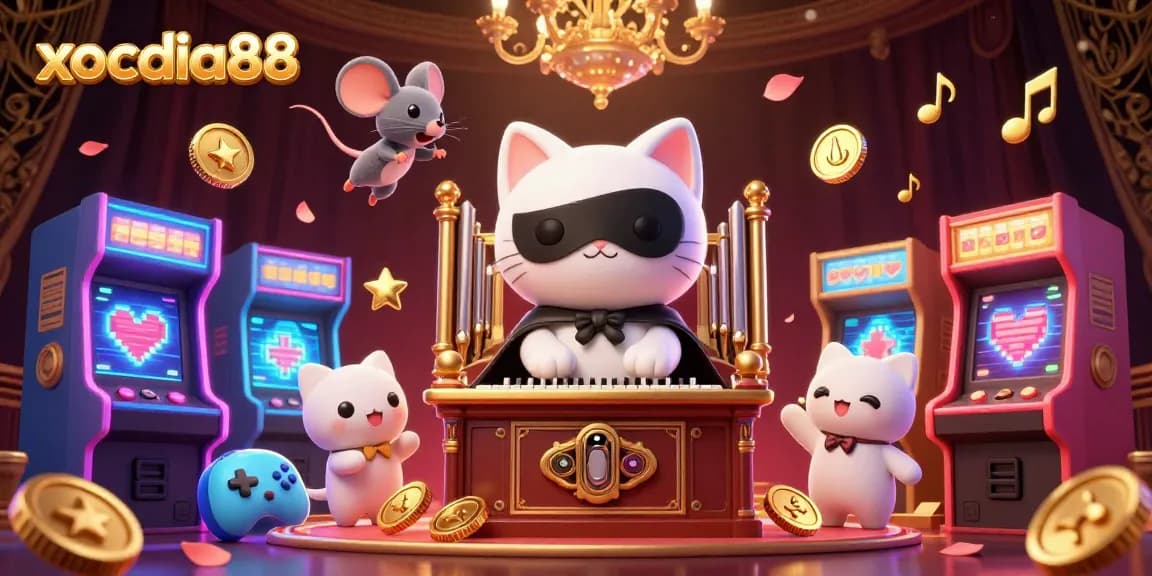 Xocdia88 showcases a vibrant 3D scene with a phantom cat and game elements, highlighting thrilling casino dynamics.