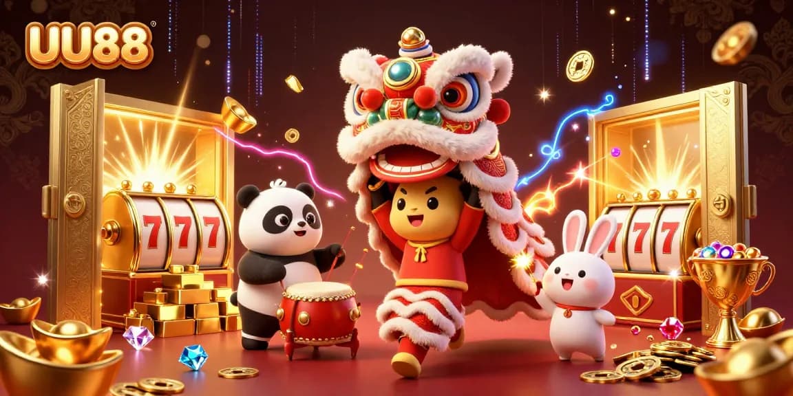 Experience the excitement of UU88 slots with vibrant 3D characters and casino treasures.
