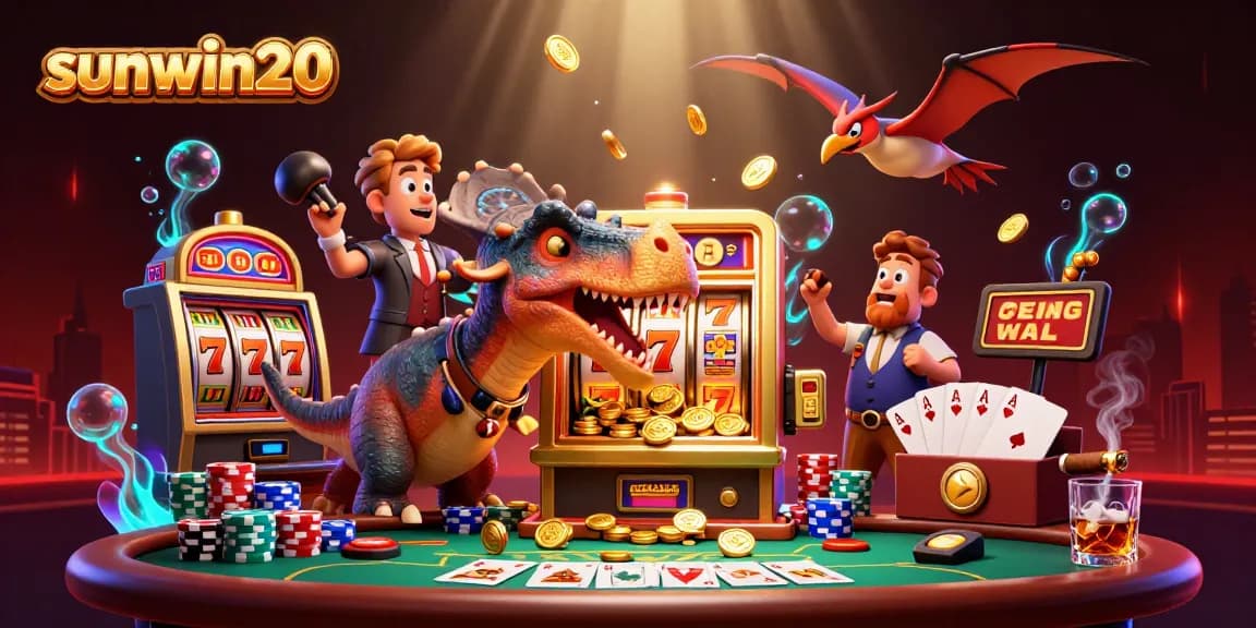 sunwin20 features a pachycephalosaurus hitting a slot machine for a jackpot, dynamic casino scene.