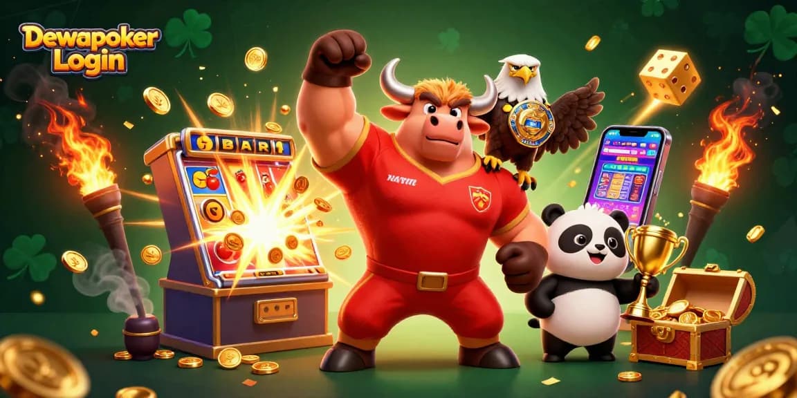 Dewapoker Login celebrates wins with a dynamic illustration of casino icons, mascots, and gaming excitement.