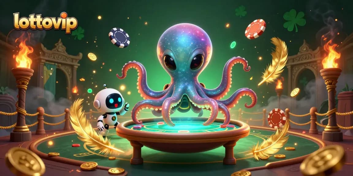 Permainan lottovip ditampilkan dengan alien gurita 3D yang mengoperasikan meja poker holografik dengan cangkang berwarna emas dan efek asap dramatis.