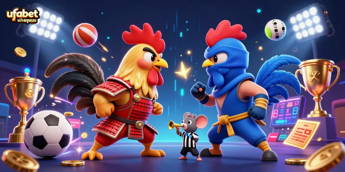 Engage in action with ufabetเข้าสู่ระบบ as fighting roosters clash amidst dynamic sports betting elements.