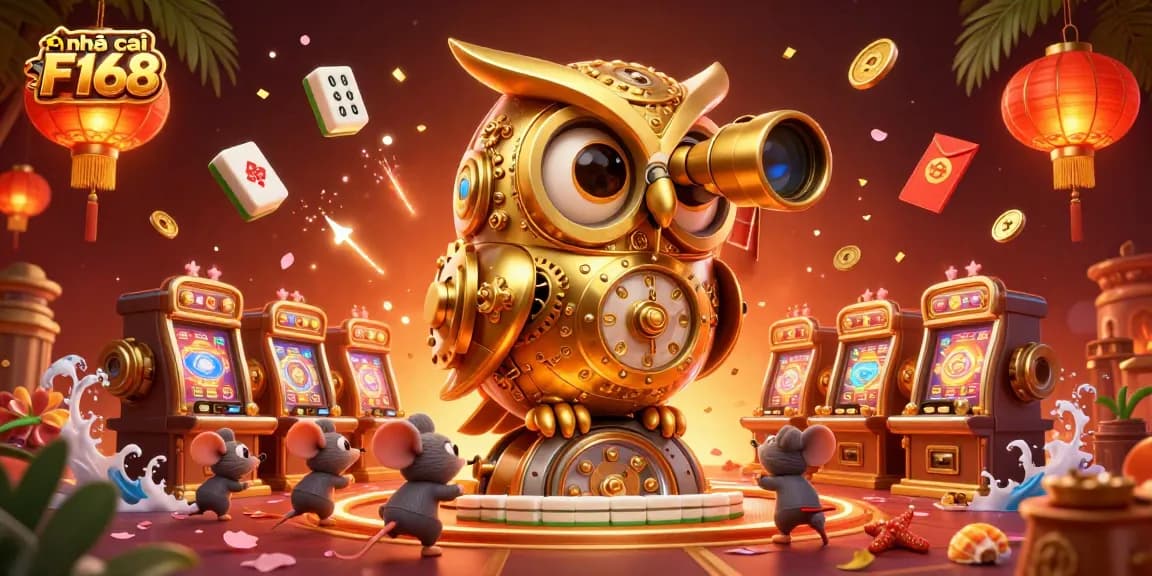 The 3D visual showcases the vibrant casino environment of nhà cái F168 with dynamic characters celebrating amidst slot machines and festive elements.