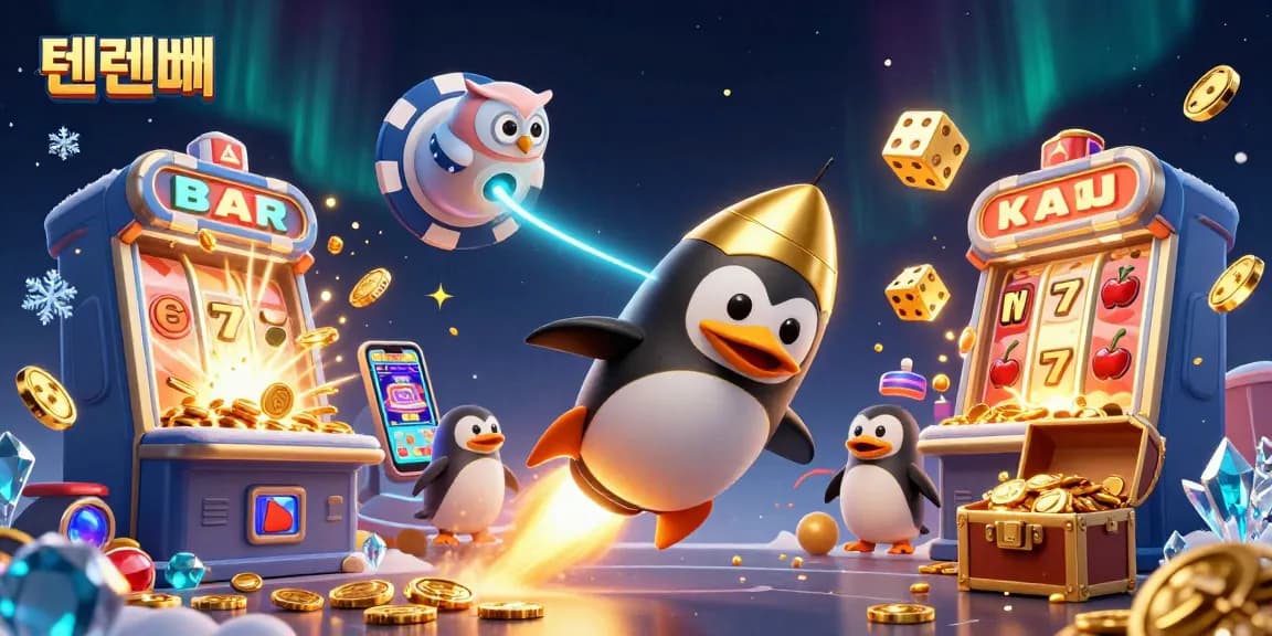 Experience the thrilling world of 텐텐벳 as the penguin soars towards a vibrant casino space station amidst coins and fun.
