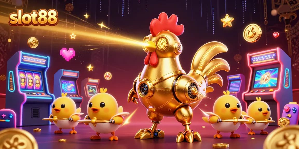 Mainkan slot88 dengan jackpot cerah dan mesin slot 3D memikat dalam ilustrasi warna-warni.