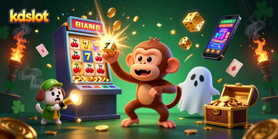 Experience excitement at kdslot with a mischievous monkey juggling gold in a vibrant casino scene.