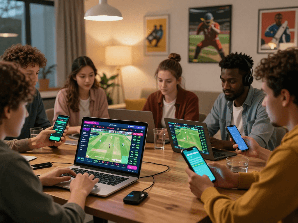 Engaging Fair online cricket betting scene showcasing diverse users interacting with live betting options and statistics.