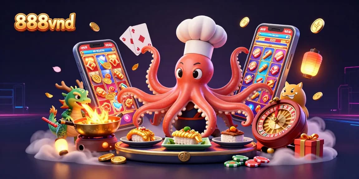 Experience thrilling gaming with 888vnd's vibrant illustration featuring dynamic characters and engaging casino elements.
