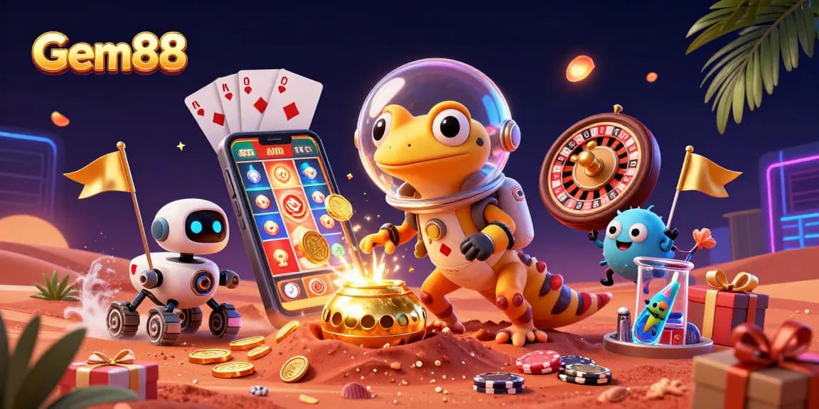 Experience Gem88's vibrant Martian casino scene filled with exciting gaming elements and cheerful aliens.