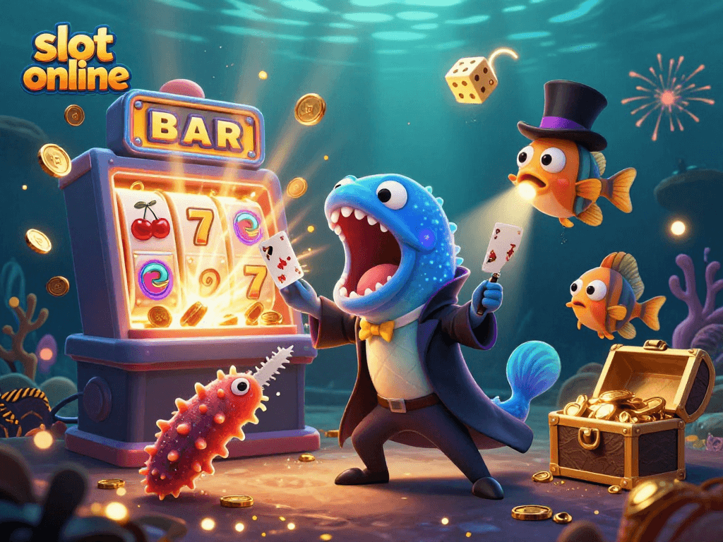 Memainkan slot online yang seru dengan gulper eel, ikan pancing, dan timun laut di latar belakang kasino bawah laut.