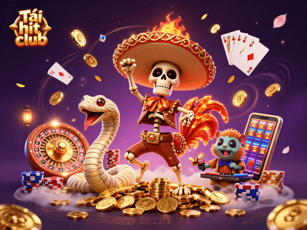 Tải hit club with a fun illustration of a dancing rooster, mummy snake, and DJ hamster in a vibrant casino scene.