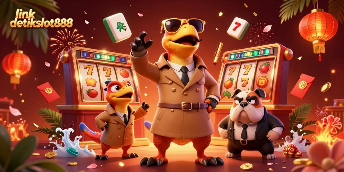 Engage with link detikslot888, featuring 3D raptors entering a VIP lounge amidst vibrant casino elements.