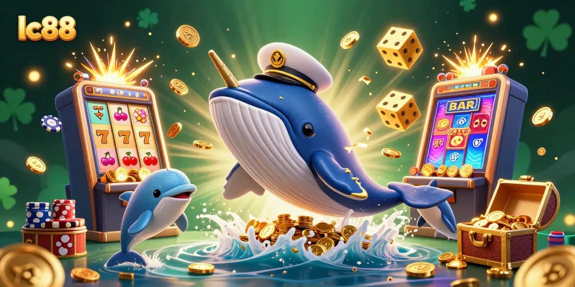Engage with the dynamic lc88 casino experience featuring a whale and playful dolphins in a treasure-filled environment.