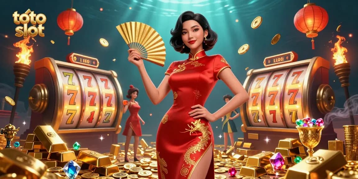 Spin the reels with toto slot, featuring a radiant Asian woman in a vibrant red dress surrounded by treasure.