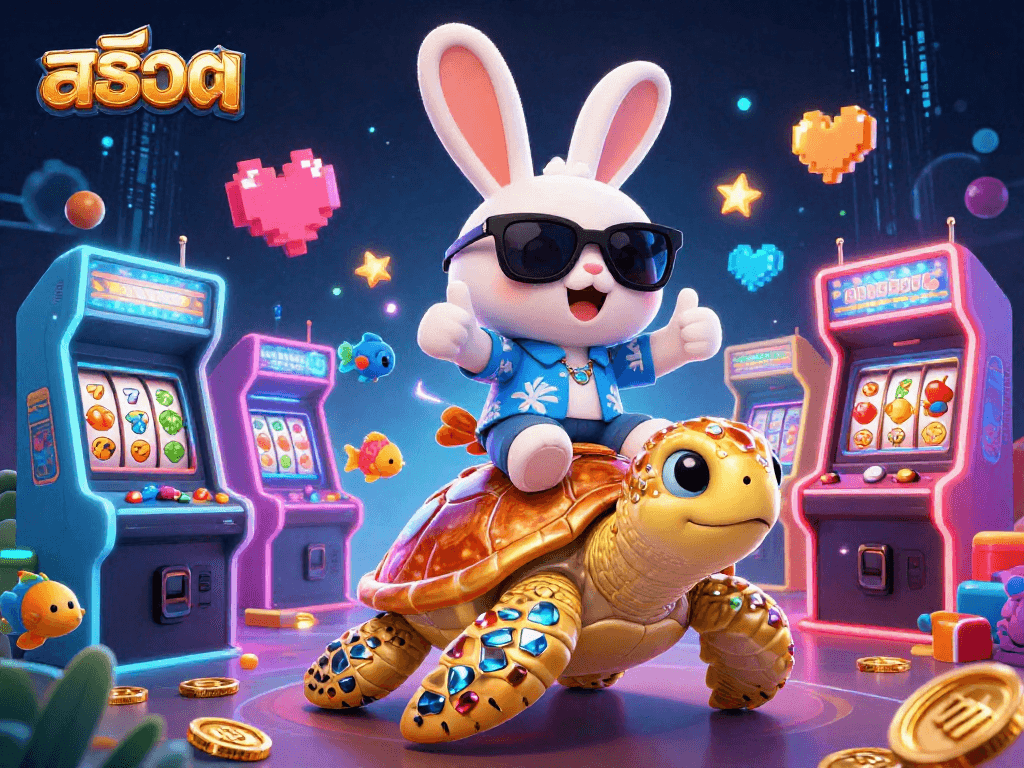Spin the reels with สล็อต in this vibrant 3D casino illustration featuring cartoon characters.