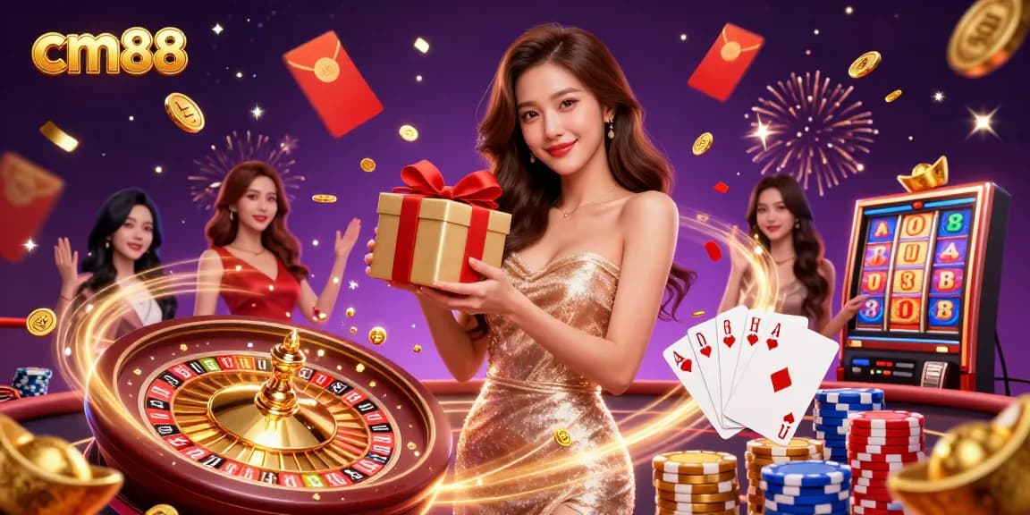 Experience the thrill at CM88 with festive elements from casino games, golden coins, and welcoming vibes.
