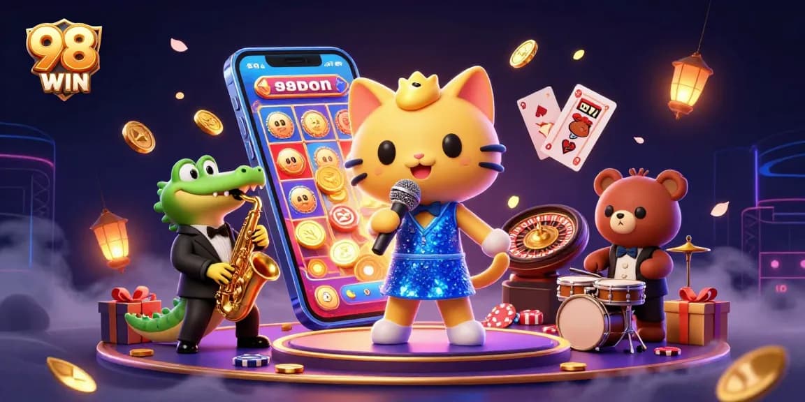 Experience excitement at 98WIN with vibrant casino characters and thrilling gaming elements.