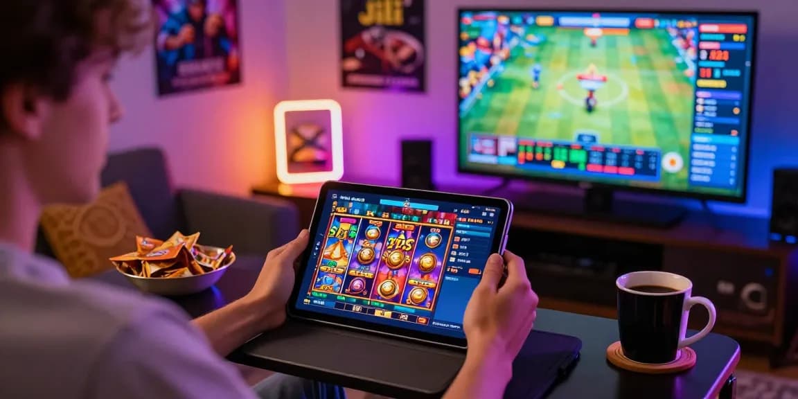 Engaging gaming scene showing a user interacting with the Slots PK app link on a tablet, surrounded by vibrant gaming elements.