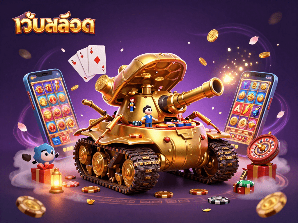 Win big at เว็บสล็อต with this dynamic illustration of a miniature casino in a golden beetle tank.