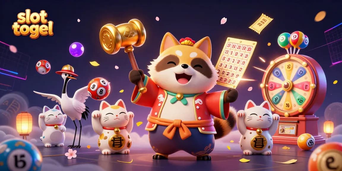 Experience the excitement of slot togel with a cheerful tanuki, colorful lottery balls, and festive gaming elements.