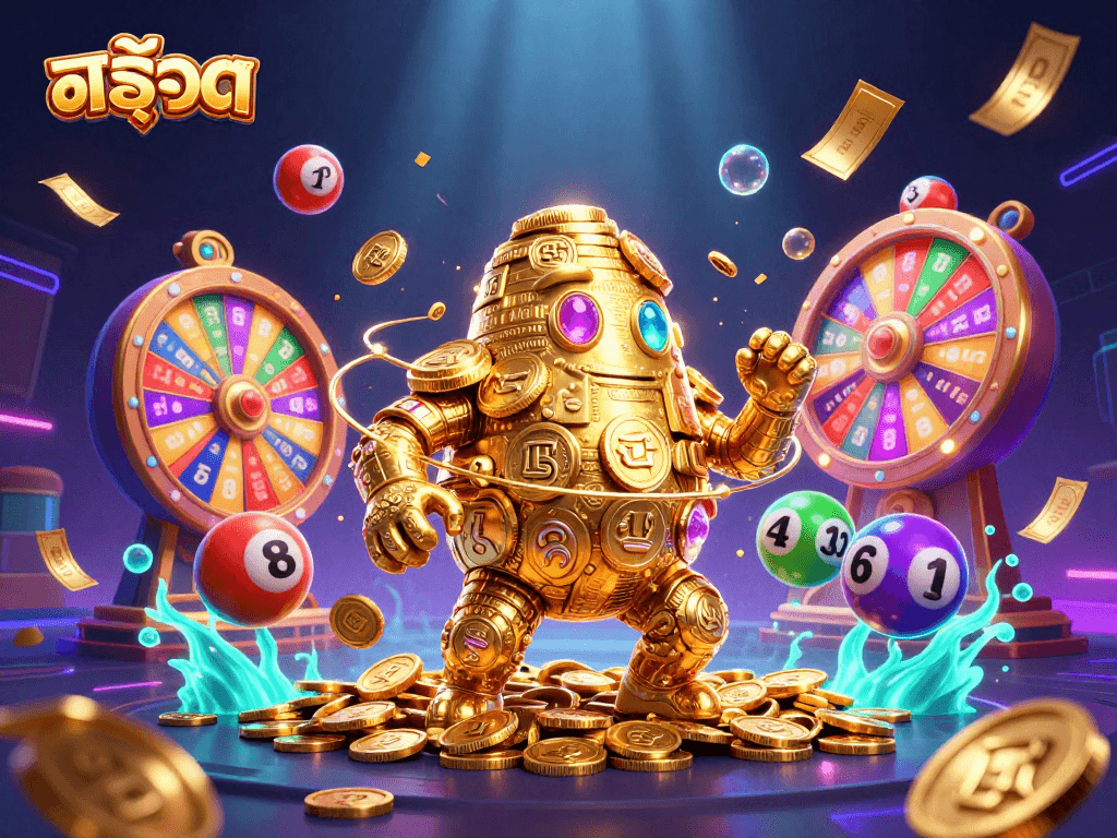 Experience exciting สล็อต gameplay with a dynamic golden golem and colorful elements in a vivid 3D casino scene.