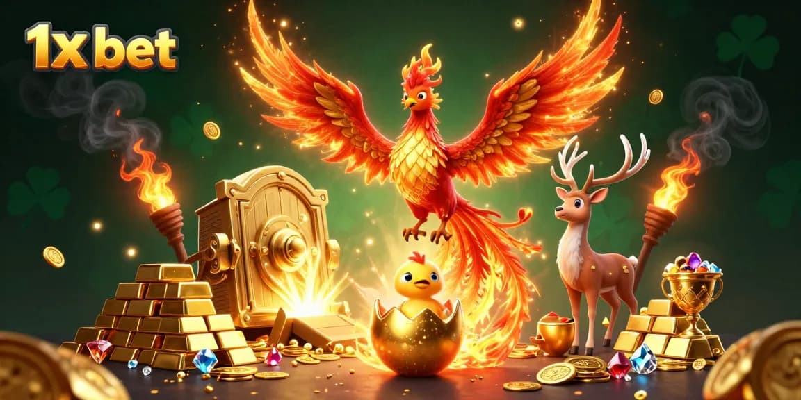 Experience the thrill of 1x bet with a majestic phoenix and golden treasures in a gaming paradise.