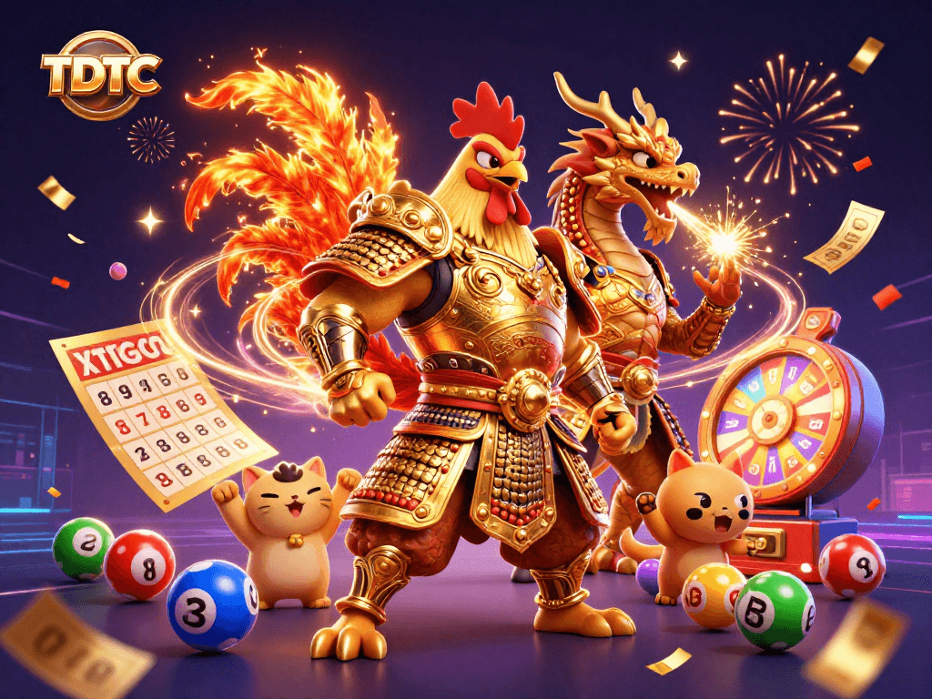 Engage with TDTC's vibrant lottery scene featuring a warrior rooster and dragon in action.