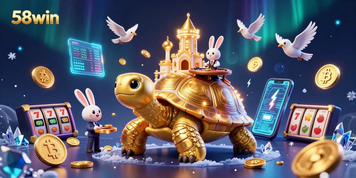 Engage in thrilling gameplay at 58win with a vibrant casino atmosphere showcasing golden tortoise and crypto coins.