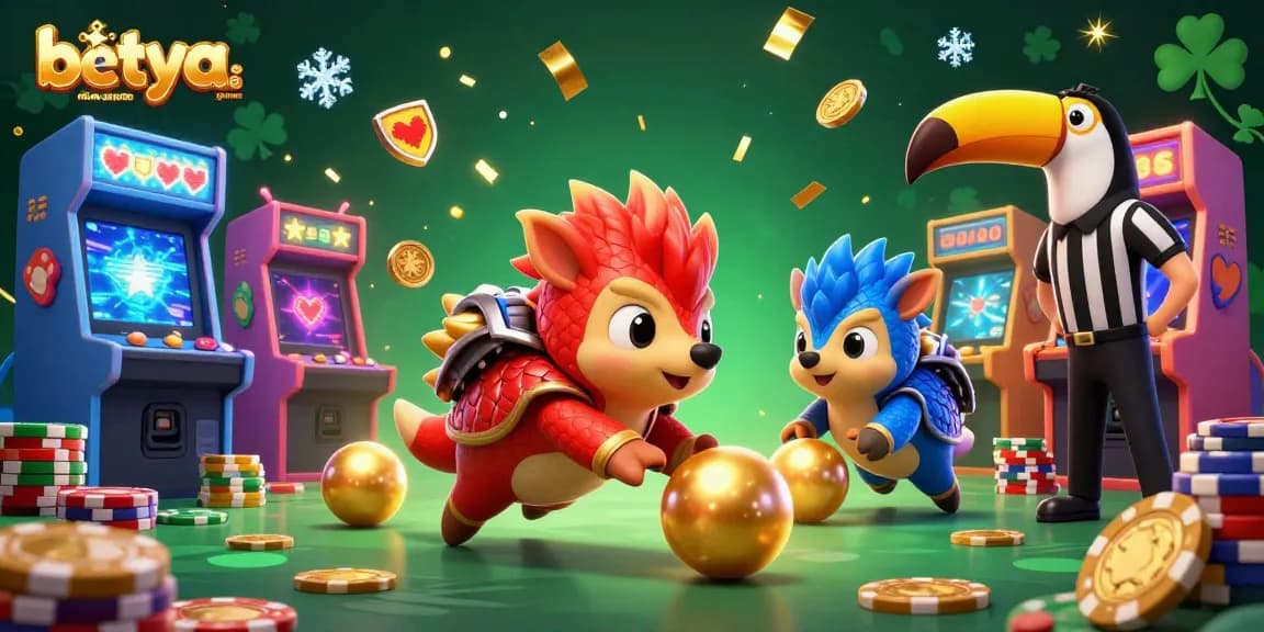 Engage with betya.com online casino games as rival pangolins compete in a vibrant casino arcade.