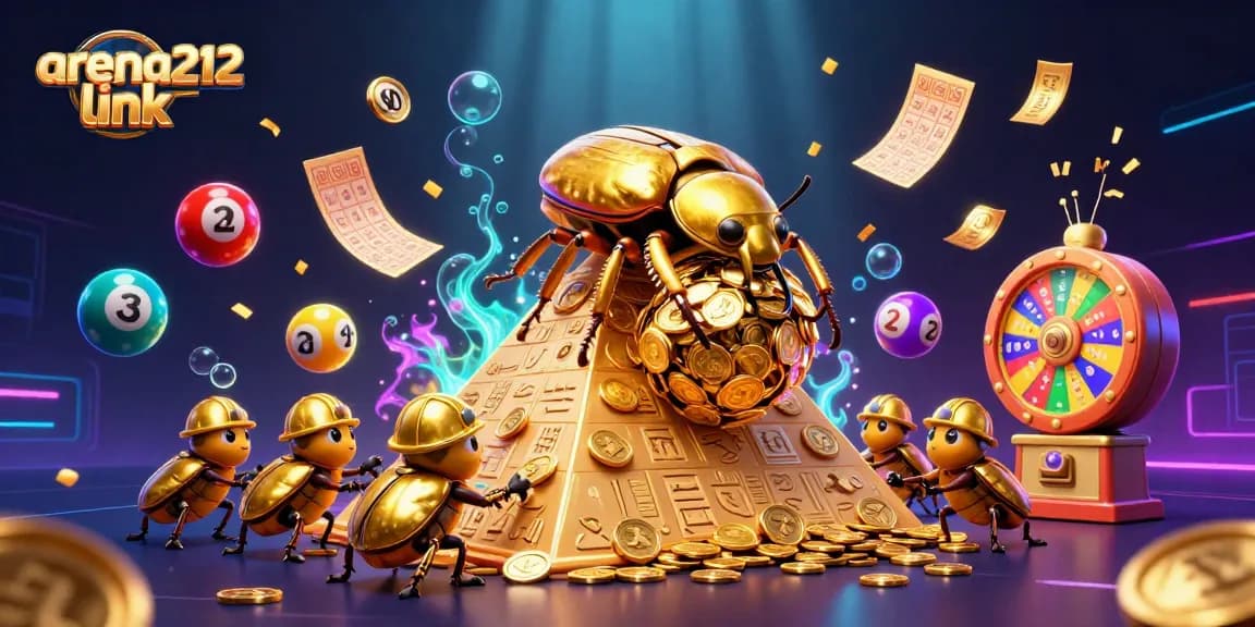 Menggunakan arena212 link, gambarkan suasana menang dalam perjudian dengan ilustrasi kartun 3D yang menampilkan kumbang emas yang menggulung koin.
