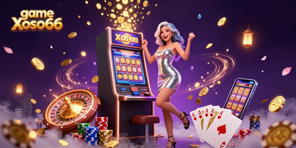 Experience the excitement of game Xoso66 with a celebratory scene featuring a gorgeous woman at a jackpot slot machine.