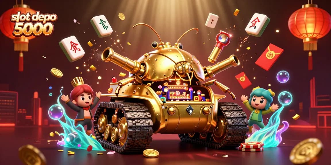 Experience thrilling gameplay in slot depo 5000 with this vibrant 3D casino illustration featuring miniature casino elements.
