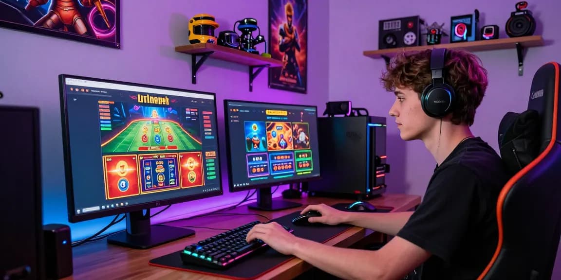 Engaging scene of a person playing on Lotus365's vibrant gaming platform with stylish equipment in a modern gaming room.