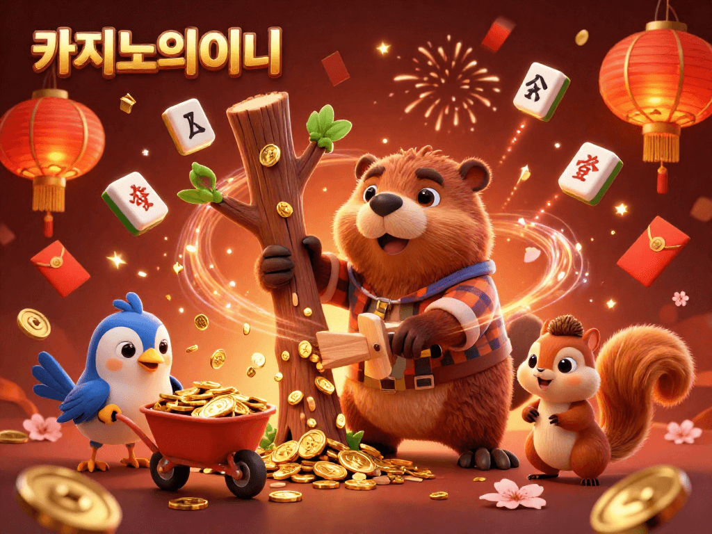 카지노사이트에서 황금 동전을 쏟아내는 나무를 베는 비버 캐릭터의 3D 일러스트