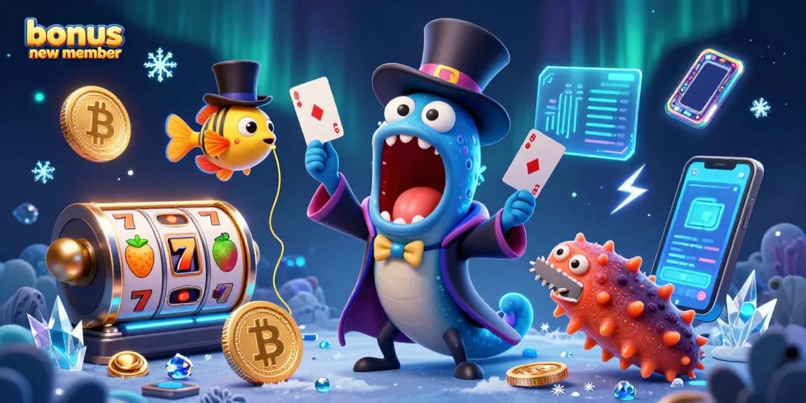 Engage with the captivating bonus new member promotions in this vibrant casino-themed 3D illustration highlighting slots and crypto.