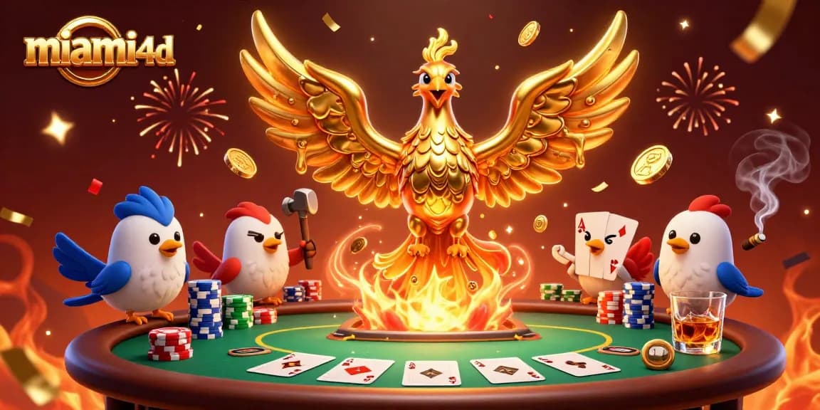 Experience the golden rewards of miami4d gaming with a molten phoenix, poker elements, and festive echoes.